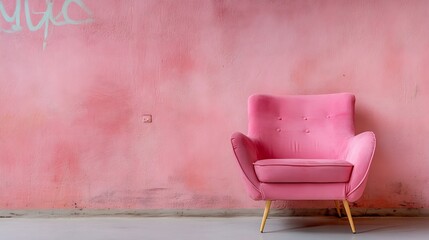 Poster - Cozy and Stylish Pink Armchair Against a Soft Pink Wall for Home Decor Inspiration : Generative AI