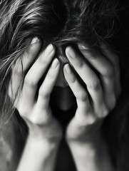 Poster - Closeup of a distressed young woman hiding her face in her hands expressing deep emotions : Generative AI