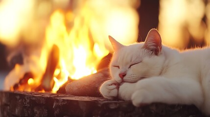 Aufkleber - Fluffy white cat resting peacefully by a warm fire creating a cozy and serene atmosphere : Generative AI