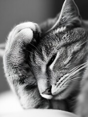 Poster - Adorable Gray Cat Resting with a Thoughtful Expression While Grooming Its Paw : Generative AI