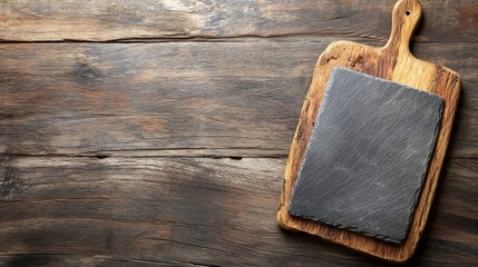 Poster - Elegant Dark Slate Cutting Board on Rustic Wooden Surface Ready for Gourmet Meal Preparation : Generative AI