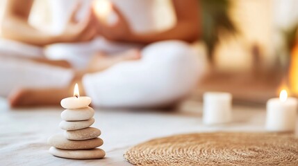 Aufkleber - Relaxing Zen Spa Scene with Candle and Balanced Stones for Mindfulness Practices : Generative AI