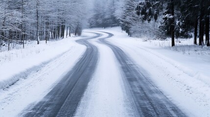 Poster - Snow Covered Winding Road Through a Winter Wonderland Scene in a Beautiful Forest : Generative AI
