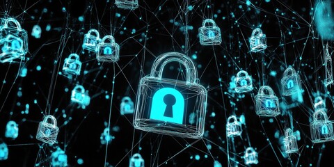 Poster - Abstract Digital Network with Glowing Blue Padlocks on Dark Background