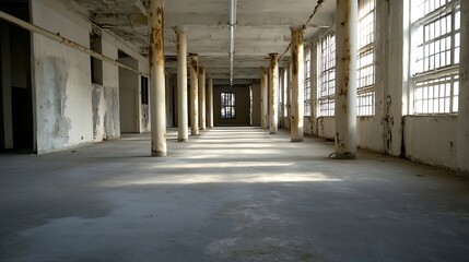 Poster - Desolate interior of an abandoned building with vivid light highlighting the unique architectural details : Generative AI