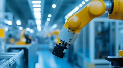 Poster - Close up of industrial robotic arm working in a modern factory with technology focus : Generative AI
