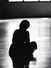 Poster - Silhouette of a Young Girl Sitting in a Bright Spacious Room : Generative AI