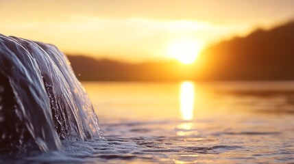 Poster - Stunning Waterfall with Golden Sunset Reflection Captured in Nature for Serene Landscape Views : Generative AI