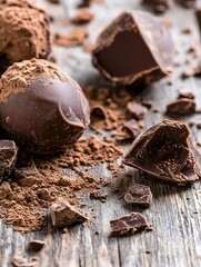 Poster - Rich Dark Chocolate and Cocoa Powder Spilled Over a Wooden Surface Creating a Decadent Scene : Generative AI