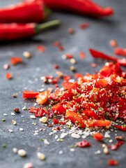 Aufkleber - A vibrant and closeup shot of chopped red chili peppers with sea salt and spices ready for cooking : Generative AI