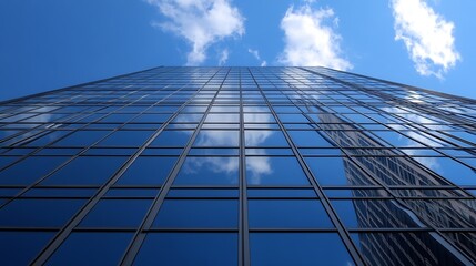 Leinwandbilder - Striking Low Angle View of Glass Skyscraper Reflecting Clouds and Blue Sky in Urban Environment : Generative AI