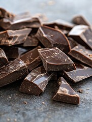 Aufkleber - Delicious closeup of rich dark chocolate pieces scattered on a rustic surface : Generative AI