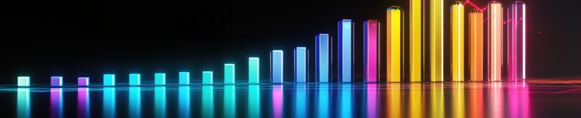 Poster - A stunning arrangement of colorful neon light bars reflecting on a dark surface, creating a vibrant and dynamic visual effect perfect for modern design projects.