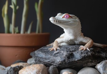 Poster - Elegant White Gecko with Distinct Pink Eyes Posed on a Stone Surrounded by Decorative Pebbles and a Potted Plant in a Minimalist Setting