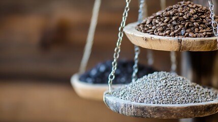 Poster - Artisan fresh coffee beans and grains displayed on wooden bowls showcasing the art of traditional weighing : Generative AI