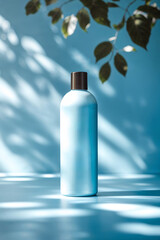 Poster - bright blue bottle stands alone on a table with soft shadows from leaves in a minimalist setup