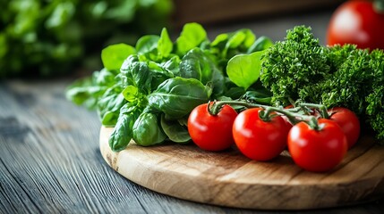 Poster - Fresh Red Tomatoes and Green Spinach on a Wooden Cutting Board with Fresh Herbs : Generative AI