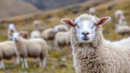 Aufkleber - Charming sheep with a flock in a picturesque rural landscape under soft daylight : Generative AI