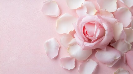 Poster - Soft Pink Rose Petals and a Fresh Blossom on a Light Background : Generative AI