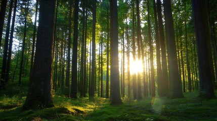 Poster - Sunlight Filtering Through Tall Trees in a Lush Green Forest Creating an Enchanting Atmosphere : Generative AI