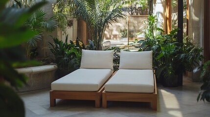 Poster - Stylish and serene sunbeds surrounded by lush greenery in a calming indoor environment : Generative AI