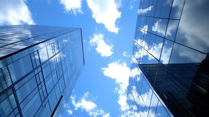 Poster - Modern skyscrapers reflecting clouds in vibrant blue sky showcasing urban architecture : Generative AI