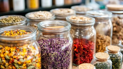 Poster - Variety of colorful herbs and spices in transparent jars displayed on a wooden table : Generative AI