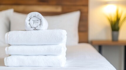 Poster - Stacked White Towels on a Bed with Comfortable Environment : Generative AI