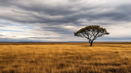 Poster - Lonely Tree in Open Field with Dramatic Clouds and Golden Grass Landscape : Generative AI