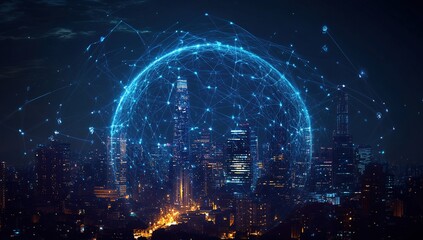 Poster - Night Cityscape with Illuminated Global Network Sphere