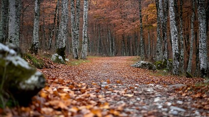 Aufkleber - Serene autumn pathway surrounded by vibrant trees adorned with colorful leaves on a tranquil afternoon : Generative AI
