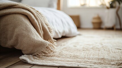 Poster - Cozy bedroom interior featuring textured blanket draped over a neatly made bed in soft natural light : Generative AI