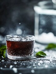 Poster - Chilled glass of dark soda with ice and bubbles exuding refreshment and flavor in a moody atmosphere : Generative AI