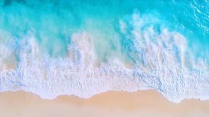 Poster - Aerial view of serene ocean waves gently kissing the sandy beach under bright sunlight : Generative AI