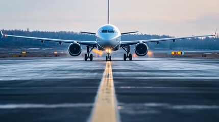Poster - Modern aircraft positioned on runway ready for takeoff during twilight hours : Generative AI