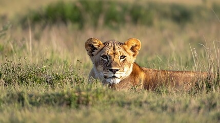 Poster - Observant lioness resting in tall grass gazing confidently into the distance during daylight : Generative AI