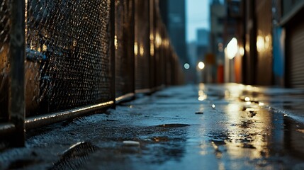 Aufkleber - Serene Wet Alleyway at Dusk with Reflections and Soft Lighting Effects : Generative AI
