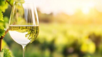 Poster - Elegant Glass of White Wine Captured in Natural Light Among Lush Vineyards : Generative AI