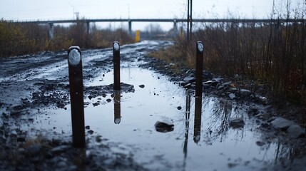 Poster - Rainy Path with Puddles and Misty Perception on an Overgrown Road : Generative AI