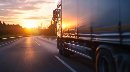 Aufkleber - Moving Freight Truck on Highway at Sunset with Beautiful Clouds in the Sky : Generative AI