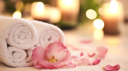 Aufkleber - Relaxing Spa Environment with White Towels and Delicate Flower Petals for Wellness and Beauty Treatments : Generative AI