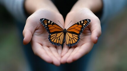 Poster - Majestic Monarch Butterfly Gently Held in Hands Symbolizing Freedom and Beauty : Generative AI