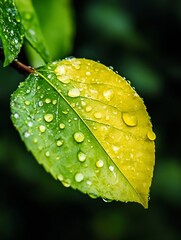 Poster - Closeup of dewcovered green and yellow leaves with droplets glistening in soft natural light against a dark background : Generative AI