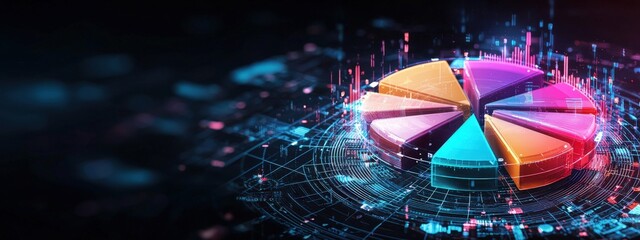 Poster - Colorful pie chart displayed over a digital background, symbolizing data analysis and visualization in a modern business environment. Ideal for technology themes.