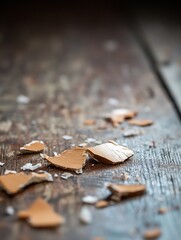 Poster - Closeup view of broken pieces of terracotta clay scattered on a textured wooden surface in soft natural light : Generative AI