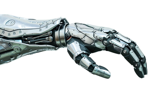 Robotic arm reaching out on transparent background