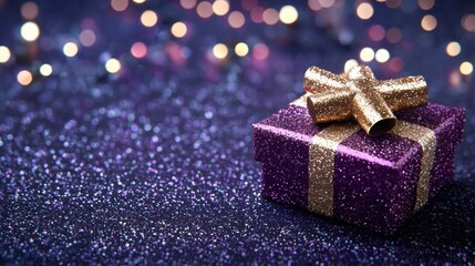 Poster - Sparkling Purple Gift Box with Glittering Ribbon Against Bokeh Background