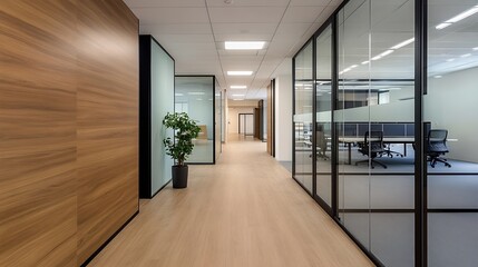 Poster - Modern office corridor with glass walls and wooden accents creating bright work environment : Generative AI