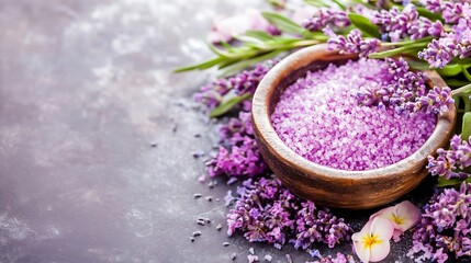 Aufkleber - Lavender bath salt and flowers in wooden bowl on textured background for relaxation and wellness : Generative AI