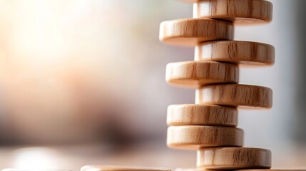 Aufkleber - Tower of wooden tokens stacked carefully on a wooden surface with a warm light ambiance : Generative AI